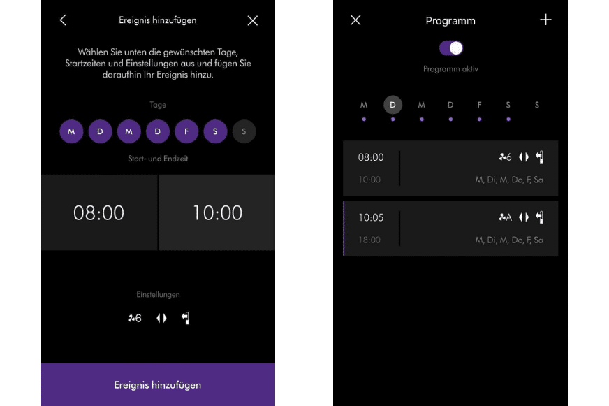 Die Planung mit Wochentag, Uhrzeit und Luftreiniger-Funktion in der Dyson Link App